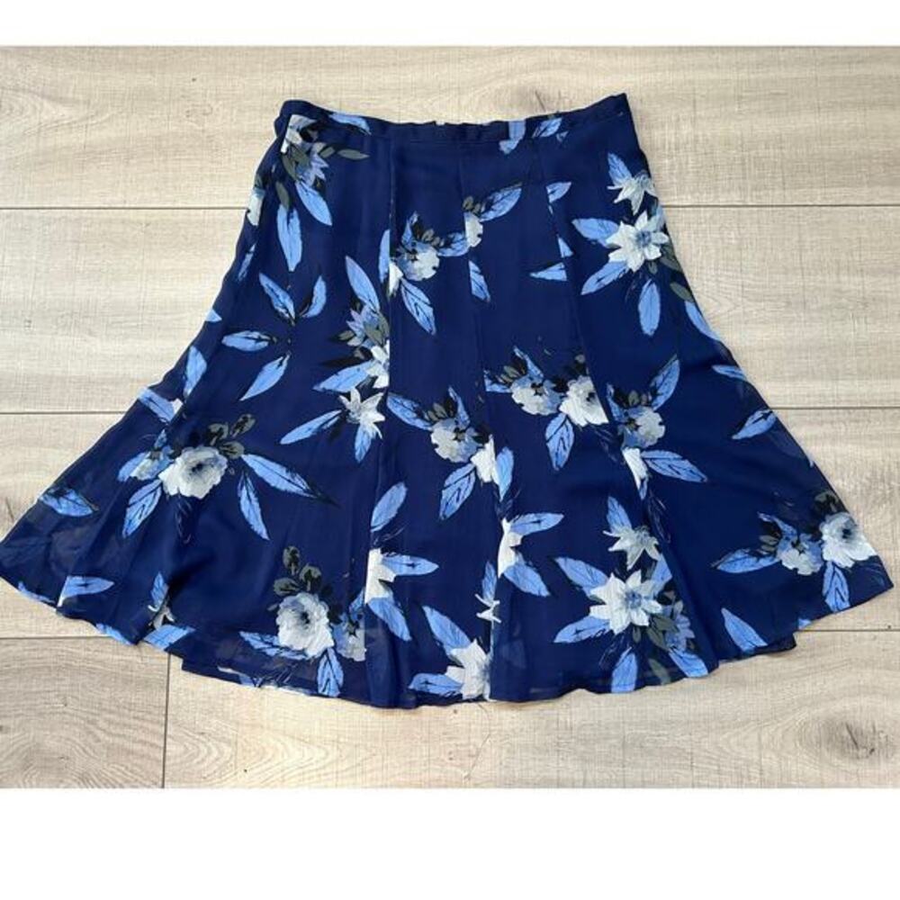 Y2K Navy‎ Blue Floral Midi Skirt Size 10P – Sheer Overlay Sag Harbor Petite